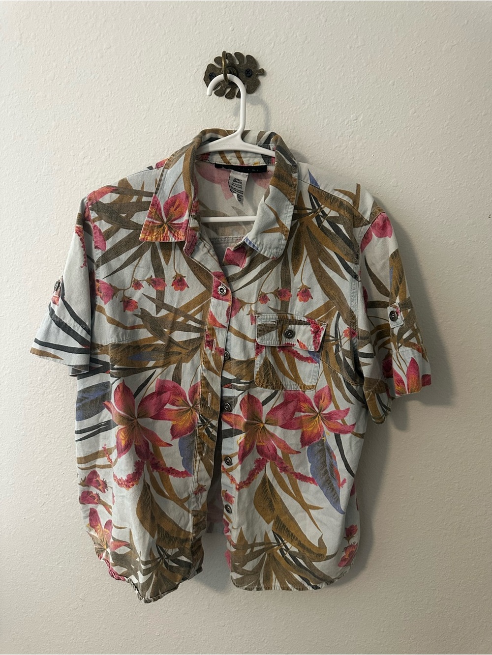Vintage Women’s Short-Sleeve Floral Button-Up Shirt - Pink & Brown